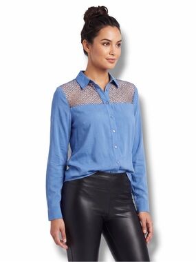 Blue Button Up Mesh Panel Long Sleeve Top NWT